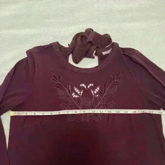 DANIEL RAINN Women M Maroon Layered Cutout Embroidered Scoop Neck-Tie Blouse Top - Picture 4 of 8
